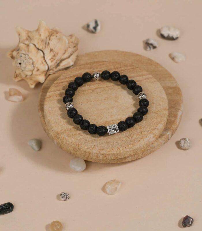 Lava Stone with Om Namah Shivay Silver Beads Bracelet