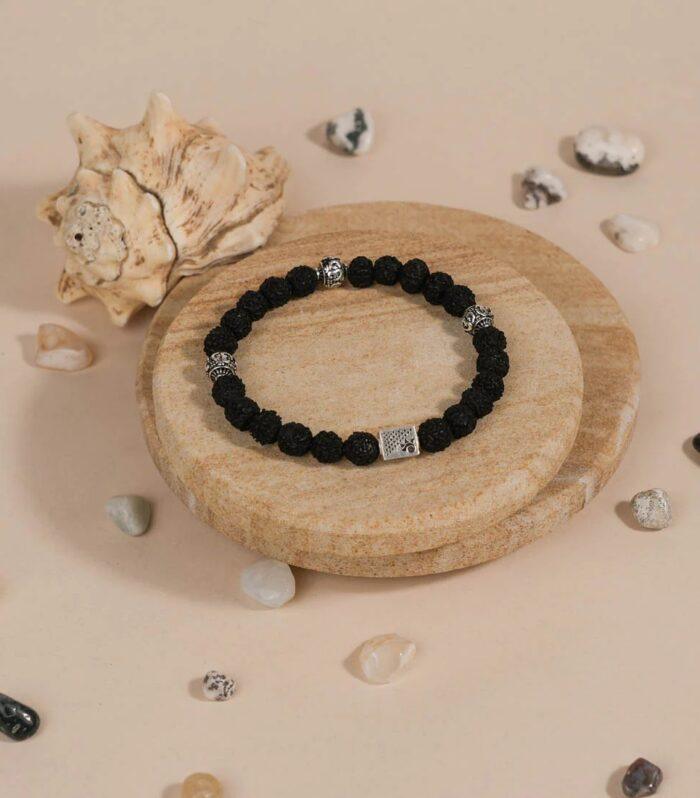 Black Rudraksha and Om Silver Beads Bracelet